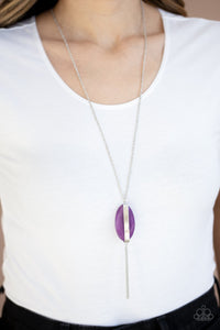  Tranquility Trend - Purple - Paparazzi Accessories  THREADED THROUGH A ROD, AN ETHEREAL PURPLE STONE SITS INSIDE A RECTANGULAR SILVER FITTING, GIVING WAY TO A SHIMMERY SILVER CHAIN TASSEL FOR A TRANQUIL FINISH. FEATURES AN ADJUSTABLE CLASP CLOSURE.  Sold as one individual necklace. Includes one pair of matching earrings.