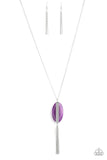  Tranquility Trend - Purple - Paparazzi Accessories  THREADED THROUGH A ROD, AN ETHEREAL PURPLE STONE SITS INSIDE A RECTANGULAR SILVER FITTING, GIVING WAY TO A SHIMMERY SILVER CHAIN TASSEL FOR A TRANQUIL FINISH. FEATURES AN ADJUSTABLE CLASP CLOSURE.  Sold as one individual necklace. Includes one pair of matching earrings.