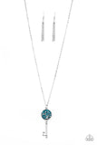 Key Keepsake - Blue - Paparazzi Accessories - Encrusted in glassy blue and glittery hematite rhinestones, a sparkling silver key swings from the bottom of a lengthened silver chain for a whimsical look. Features an adjustable clasp closure. Sold as one individual necklace. Includes one pair of matching earrings.