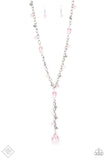 Afterglow Party - Pink - Paparazzi Accessories - Item #P2RE-PKXX-270WD An array of translucent pink crystal-like beads and shiny silver accents trickles along a lengthened silver chain. A matching pink crystal teardrop swings from the bottom of a matching silver chain that has been attached to the refined design, creating a timeless extended pendant. Features an adjustable clasp closure.  Sold as one individual necklace. Includes one pair of matching earrings.  October 2020 Fashion Fix