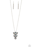 Serene Sheen - White - Paparazzi Accessories - Featuring iridescent beaded centers, decorative half-moon silver frames stack at the bottom of a lengthened silver chain for a whimsical look. Features an adjustable clasp closure.  Sold as one individual necklace. Includes one pair of matching earrings.