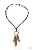 Bird Watcher - Brown - Paparazzi Accessories -  Item #P2UR-BNXX-134XX Mismatched brass feather charms glide along a brass ring at the bottom of an earthy piece of brown leather cording, creating a rustic pendant. Features an adjustable sliding knot closure.  Sold as one individual necklace.