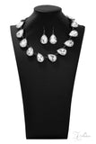 Mystique - 2019 Zi - Paparazzi Accessories -  Featuring sleek gunmetal frames, dramatically oversized white teardrop gems link below the collar in an blinding, statement-making fashion. Features an adjustable clasp closure.  Sold as one individual necklace. Includes one pair of matching earrings.