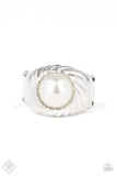 Wall Street Whimsical - Paparazzi Accessories -  A pearly white bead is pressed into the center of a thick silver band swirling with a spiral-like pattern for a refined flair. Features a stretchy band for a flexible fit.  Sold as one individual ring.
