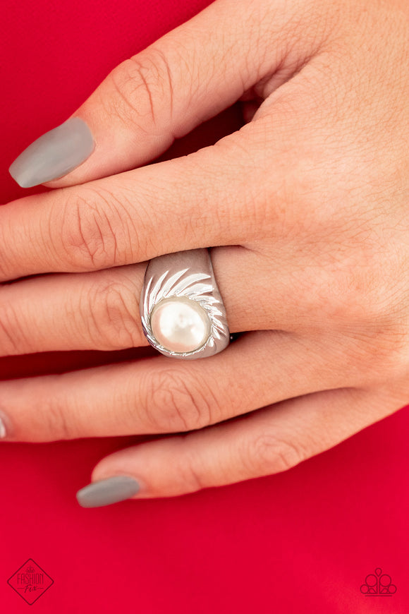 Wall Street Whimsical - Paparazzi Accessories -  A pearly white bead is pressed into the center of a thick silver band swirling with a spiral-like pattern for a refined flair. Features a stretchy band for a flexible fit.  Sold as one individual ring.