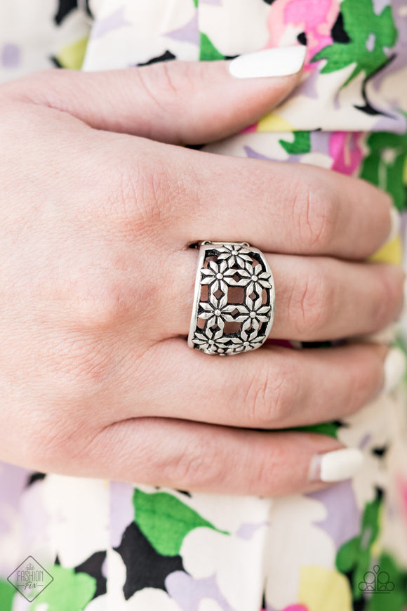 Glimpses of Malibu - Crazy About Daisies - Silver - Ring  Two rows of antiqued silver daisies dance across the finger, coalescing into a whimsical floral band. Features a stretchy band for a flexible fit.  Sold as one individual ring. AUG 2020