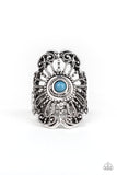 Adrift - Blue - Paparazzi Accessories - A dainty blue bead is pressed into a round silver frame swirling with studded details for a whimsical vibe. Features a stretchy band for a flexible fit.  Sold as one individual ring.