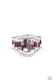 Treasure Chest Charm - Purple - Paparazzi Accessories - Item #P4ED-PRXX-028XX White rhinestone encrusted bands flank a row of emerald cut glass beads in shades of purple for a regal look. Features a stretchy band for a flexible fit.  Sold as one individual ring.