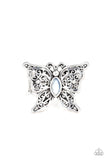 Flutter Flavor - Blue - Paparazzi Accessories - Item #P4WH-BLXX-183XX Lacy silver wings bloom from an opalescent blue cat's eye center, coalescing into a whimsical butterfly atop the finger. Features a stretchy band for a flexible fit.  Sold as one individual ring.