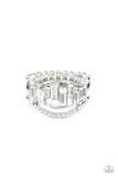 Treasure Chest Charm - White - Paparazzi Accessories Item #P4ED-WTXX-032XX White rhinestone encrusted bands flank a row of emerald cut glass beads in shades of white for a regal look. Features a stretchy band for a flexible fit.  Sold as one individual ring.