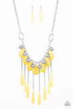 Roaring Riviera - Yellow - Paparazzi Accessories -  Shiny silver beads and faceted yellow teardrops drip from the bottom of a shimmery silver chain below the collar. Flared yellow beading swings from the bottoms of free-falling silver chains, creating a vivacious fringe. Features an adjustable clasp closure.  Sold as one individual necklace. Includes one pair of matching earrings.