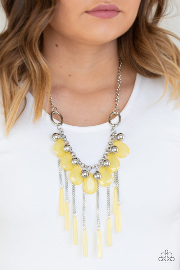 Roaring Riviera - Yellow - Paparazzi Accessories -  Shiny silver beads and faceted yellow teardrops drip from the bottom of a shimmery silver chain below the collar. Flared yellow beading swings from the bottoms of free-falling silver chains, creating a vivacious fringe. Features an adjustable clasp closure.  Sold as one individual necklace. Includes one pair of matching earrings.