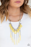 Roaring Riviera - Yellow - Paparazzi Accessories -  Shiny silver beads and faceted yellow teardrops drip from the bottom of a shimmery silver chain below the collar. Flared yellow beading swings from the bottoms of free-falling silver chains, creating a vivacious fringe. Features an adjustable clasp closure.  Sold as one individual necklace. Includes one pair of matching earrings.