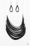 Catwalk Queen - Black - Paparazzi Accessories  Strand after strand of shimmering black seed beads fall together to create a bold statement piece. Features an adjustable clasp closure.  Sold as one individual necklace. Includes one pair of matching earrings.  #P2RE-BKXX-325XX