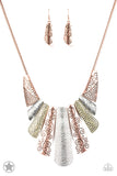 Untamed - Multi - Paparazzi Accessories  Copper, silver and brass plates featuring various hammered and filigreed textures fan out across the chest along a thick copper snake chain. The gorgeous tribal design falls gracefully below the collar into a dramatic statement piece. Features an adjustable clasp closure.  Sold as one individual necklace. Includes one pair of matching earrings.