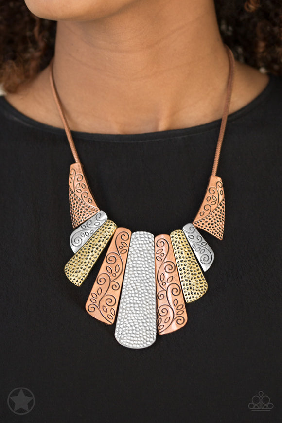 Untamed - Multi - Paparazzi Accessories  Copper, silver and brass plates featuring various hammered and filigreed textures fan out across the chest along a thick copper snake chain. The gorgeous tribal design falls gracefully below the collar into a dramatic statement piece. Features an adjustable clasp closure.  Sold as one individual necklace. Includes one pair of matching earrings.