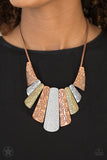 Untamed - Multi - Paparazzi Accessories  Copper, silver and brass plates featuring various hammered and filigreed textures fan out across the chest along a thick copper snake chain. The gorgeous tribal design falls gracefully below the collar into a dramatic statement piece. Features an adjustable clasp closure.  Sold as one individual necklace. Includes one pair of matching earrings.