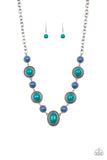 Voyager Vibes - Multi - Paparazzi Accessories  #P2TR-MTXX-054XX  Featuring smooth and studded silver frames, refreshing blue and green beads link below the collar in a seasonal fashion. Features an adjustable clasp closure.  Sold as one individual necklace at DeesBlings.com - Affordable Fashion Jewelry that is Lead and Nickel free. Includes one pair of matching earrings.