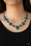 Voyager Vibes - Multi - Paparazzi Accessories  #P2TR-MTXX-054XX  Featuring smooth and studded silver frames, refreshing blue and green beads link below the collar in a seasonal fashion. Features an adjustable clasp closure.  Sold as one individual necklace at DeesBlings.com - Affordable Fashion Jewelry that is Lead and Nickel free. Includes one pair of matching earrings.