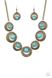 Lions, Tigers, and Bears - Brass - Paparazzi Accessories -  Featuring refreshing turquoise stone accents, hammered and textured circular frames link below the collar for an artisan inspired look. Features an adjustable clasp closure.  Sold as one individual necklace. Includes one pair of matching earrings.