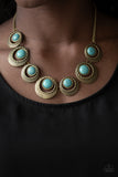 Lions, Tigers, and Bears - Brass - Paparazzi Accessories -  Featuring refreshing turquoise stone accents, hammered and textured circular frames link below the collar for an artisan inspired look. Features an adjustable clasp closure.  Sold as one individual necklace. Includes one pair of matching earrings.