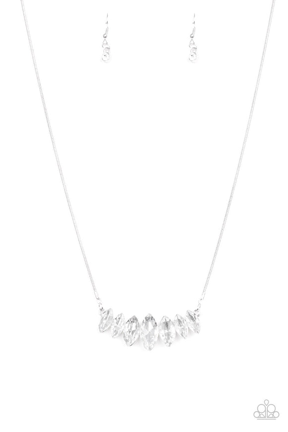 Leading Lady - White - Paparazzi Accessories  #P2RE-WTXX-345XX  Gradually increasing in size near the center, glittery white marquise shaped gems link below the collar for a dramatic look. Features an adjustable clasp closure.  Sold as one individual necklace at DeesBlings.com - Affordable Fashion Jewelry that is Lead and Nickel free. Includes one pair of matching earrings.