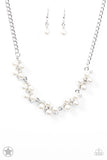 Love Story - White - Paparazzi Accessories  Dainty clusters of shimmery white pearls are dusted with sparkling rhinestones, creating a romantic, timeless design. Features an adjustable clasp closure.  Sold as one individual necklace. Includes one pair of matching earrings.  Get The Complete Look! Bracelet B0032: "I Do" (Sold Separately)  #P2RE-WTXX-001PK