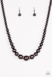 Party Pearls - Gunmetal - Paparazzi Accessories  Gradually increasing in size, pearly gunmetal beads trickle below the collar for a classic look. Encrusted in dazzling white rhinestones, glittery rings are sprinkled between the pearls for a timeless finish. Features an adjustable clasp closure.  Sold as one individual necklace. Includes one pair of matching earrings.  #P2RE-BKXX-251XX