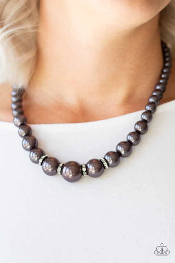 Party Pearls - Gunmetal - Paparazzi Accessories  Gradually increasing in size, pearly gunmetal beads trickle below the collar for a classic look. Encrusted in dazzling white rhinestones, glittery rings are sprinkled between the pearls for a timeless finish. Features an adjustable clasp closure.  Sold as one individual necklace. Includes one pair of matching earrings.  #P2RE-BKXX-251XX