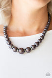 Party Pearls - Gunmetal - Paparazzi Accessories  Gradually increasing in size, pearly gunmetal beads trickle below the collar for a classic look. Encrusted in dazzling white rhinestones, glittery rings are sprinkled between the pearls for a timeless finish. Features an adjustable clasp closure.  Sold as one individual necklace. Includes one pair of matching earrings.  #P2RE-BKXX-251XX