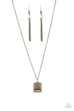 Back To Square One - Brass - Paparazzi Accessories -  A filigree filled brass frame is pressed into a larger hammered frame, creating a dainty pendant below the collar. Features an adjustable clasp closure.  Sold as one individual necklace. Includes one pair of matching earrings.