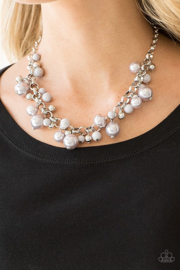 The Upstater - Silver - Paparazzi Accessories  Varying in size, bubbly silver pearls, classic silver beads, and shiny gray beads swing from the bottom of a glistening silver chain, creating a refined fringe below the collar. Features an adjustable clasp closure.  Sold as one individual necklace. Includes one pair of matching earrings.  P2WH-SVXX-252XX