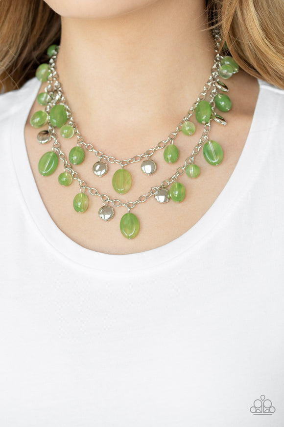 Rainbow Shine - Green - Paparazzi Accessories -  P2WH-GRXX-342XX  Infused with flat silver beads, an array of glassy green beads dangle from the bottoms of two shimmery silver chains, creating a whimsically layered fringe below the collar. Features an adjustable clasp closure.  Sold as one individual necklace. Includes one pair of matching earrings.