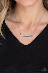 Moms Do It Better - Pink - Paparazzi Accessories  Dotted in dainty rhinestones that fade from white to dark pink, a dainty silver rectangular frame stamped in the word, "Mom", is suspended by a dainty silver chain below the collar for a charming look. Features an adjustable clasp closure.  Sold as one individual necklace. Includes one pair of matching earrings.