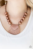 Large and In Charge - Copper - Paparazzi Accessories  Featuring ornately stenciled and embossed details, a flared copper plate swings from a boldly copper beaded chain below the collar for a fierce look. Features an adjustable clasp closure.  Sold as one individual necklace. Includes one pair of matching earrings.