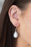 East Coast Essence - White - Paparazzi Accessories  Filled with lacy-like patterns, filigree filled silver frames connect below the collar. Glowing white teardrop moonstones alternate along the airy frames, adding a refreshing hint of color to the whimsical fringe. Features an adjustable clasp closure.  Sold as one individual necklace. Includes one pair of matching earrings.