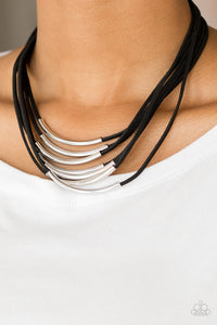 Walk The WALKABOUT - Black - Paparazzi Accessories  Glistening silver rods slide along strips of black suede, creating earthy layers below the collar. Features an adjustable clasp closure.  Sold as one individual necklace. Includes one pair of matching earrings.