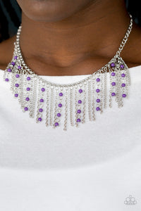 Harlem Hideaway - Purple - Paparazzi Accessories  Infused with purple beaded tassels, shimmery silver chains stream below the collar, creating a colorful fringe. Features an adjustable clasp closure.  Sold as one individual necklace. Includes one pair of matching earrings.