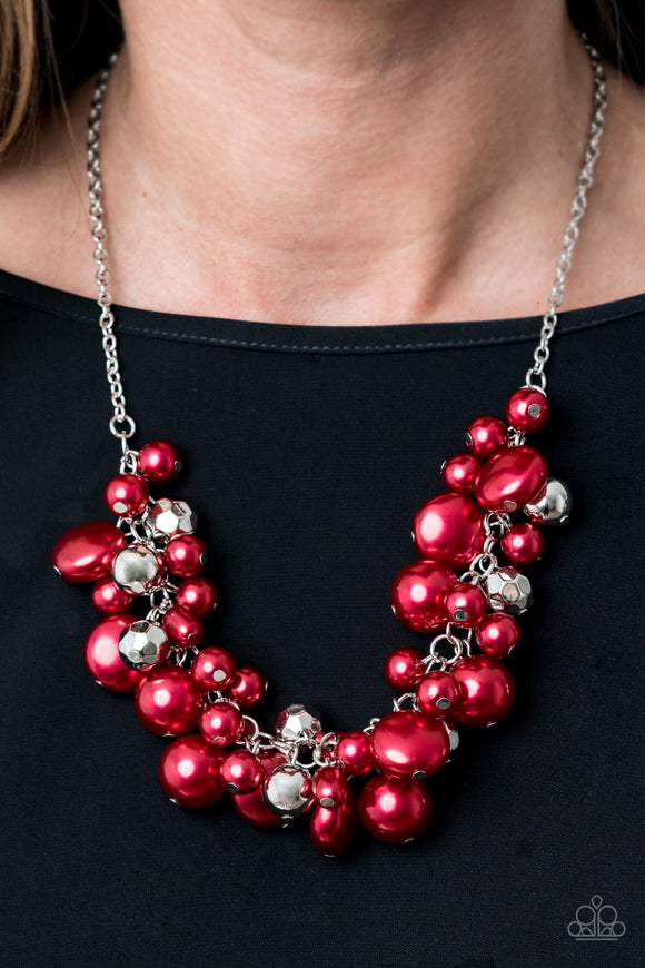 Battle of the Bombshells - Red - Paparazzi Accessories  Sprinkled with faceted and shiny silver beaded accents, a bubbly collection of round, oval, and flat red pearls cluster below the collar for a statement-making finish. Features an adjustable clasp closure.  Sold as one individual necklace. Includes one pair of matching earrings.  P2RE-RDXX-181XX