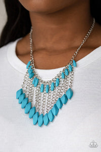 Venturous Vibes - Blue - Paparazzi Accessories  A row of faceted blue beads swing from the bottom of a shimmery silver chain below the collar. Larger blue beads cascade from the bottoms of free-falling silver chains, creating a vivacious fringe. Features an adjustable clasp closure.  Sold as one individual necklace. Includes one pair of matching earrings.