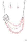 Fabulously Floral - Pink Dotted with a glassy white rhinestone center, an airy silver floral frame gives way to layers of pink pearls and a shiny row of silver chain below the collar for a whimsically refined look. Features an adjustable clasp closure.  Sold as one individual necklace. Includes one pair of matching earrings.