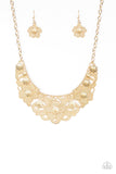 Petunia Paradise - Gold - Paparazzi Accessories FEATURING LATTICE-LIKE PATTERNS, SHIMMERY GOLD FLOWERS BLOOM BELOW THE COLLAR FOR A SEASONAL LOOK. FEATURES AN ADJUSTABLE CLASP CLOSURE. Sold as one individual necklace. Includes one pair of matching earrings.