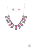 The MANE Contender - Pink - Paparazzi Accessories  DOTTED WITH SQUARE PINK STONES AND PYRAMIDAL BEADED CENTERS, STUDDED RECTANGULAR FRAMES FAN OUT BELOW THE COLLAR FOR A TRENDY TRIBAL LOOK. FEATURES AN ADJUSTABLE CLASP CLOSURE. Sold as one individual necklace. Includes one pair of matching earrings.