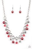 Fiercely Fancy - Red - Paparazzi Accessories Item #P2RE-RDXX-113DQ Featuring pearly and glassy finishes, an array of silver and red beads swing from a double-linked silver chain, creating a fancy fringe below the collar. Features an adjustable clasp closure.  Sold as one individual necklace. Includes one pair of matching earrings.   Get The Complete Look! Bracelet: "Fancy Fascination - Red" (Sold Separately) while supplies last