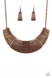 More Roar - Copper - Paparazzi Accessories - Item #P2ST-CPXX-060XX Etched in sections of vertical and horizontal linear textures, glistening antiqued copper plates link together, forming a bold half-moon pendant below the collar. Features an adjustable clasp closure.  Sold as one individual necklace. Includes one pair of matching earrings.