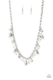 Downstage Dazzle - White - Paparazzi Accessories - ﻿Item #P2RE-WTXX-439PJ  A glittery collection of sparking white rhinestones, faceted silver beads, and glassy crystal-like beads dangle from a shimmery silver chain, creating a refined fringe below the collar. Features an adjustable clasp closure.  Sold as one individual necklace. Includes one pair of matching earrings.