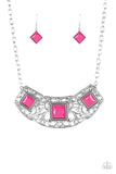 Feeling Inde-PENDANT - Pink - Paparazzi Accessories - Glistening silver filigree spins into a dramatic pendant below the collar. Square pink beads are pressed into the airy frame for a colorful finish. Features an adjustable clasp closure.  Sold as one individual necklace. Includes one pair of matching earrings.