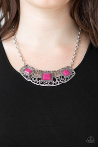 Feeling Inde-PENDANT - Pink - Paparazzi Accessories - Glistening silver filigree spins into a dramatic pendant below the collar. Square pink beads are pressed into the airy frame for a colorful finish. Features an adjustable clasp closure.  Sold as one individual necklace. Includes one pair of matching earrings.