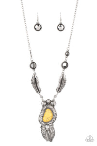 Ruler of The Roost - Yellow - Paparazzi Accessories - Item #P2SE-YWXX-186XX Featuring sunburst patterns, a dainty collection of silver beads connect to two silver feather frames that give way to a one-of-a-kind yellow stone pendant. Embossed in floral and leafy patterns, the sunny stone pendant gives way to a stationary fringe of overlapping silver feathers for a whimsical finish. Features an adjustable clasp closure.  Sold as one individual necklace. Includes one pair of matching earrings.