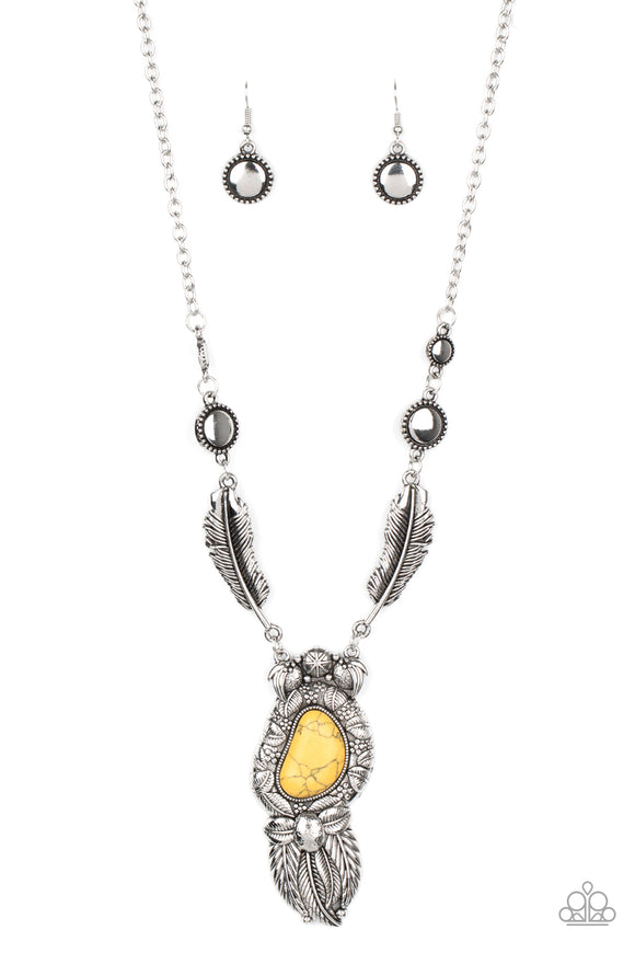 Ruler of The Roost - Yellow - Paparazzi Accessories - Item #P2SE-YWXX-186XX Featuring sunburst patterns, a dainty collection of silver beads connect to two silver feather frames that give way to a one-of-a-kind yellow stone pendant. Embossed in floral and leafy patterns, the sunny stone pendant gives way to a stationary fringe of overlapping silver feathers for a whimsical finish. Features an adjustable clasp closure.  Sold as one individual necklace. Includes one pair of matching earrings.